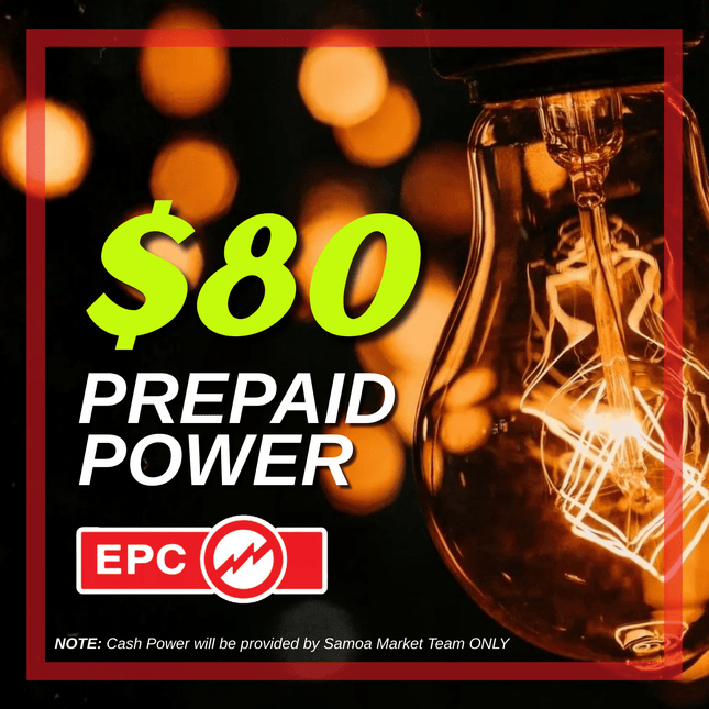 Prepaid Power Voucher - $80 Tala - Must provide Meter Number + Reg. Name to avoid delays (Supplied by Samoamarket.com, Mon-Fri 8am-4.30pm, Sat 8am-12pm (Closed Sundays & Public Holidays)