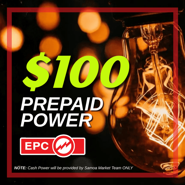 Prepaid Power Voucher - $100 Tala - Must provide Meter Number + Reg. Name to avoid delays (Supplied by Samoamarket.com, Mon-Fri 8am-4.30pm, Sat 8am-12pm (Closed Sundays & Public Holidays)
