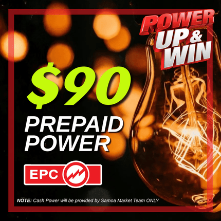 Prepaid Power Voucher - $90 Tala - Must provide Meter Number + Reg. Name to avoid delays (Supplied by Samoamarket.com, Mon-Fri 8am-4.30pm, Sat 8am-12pm (Closed Sundays & Public Holidays)