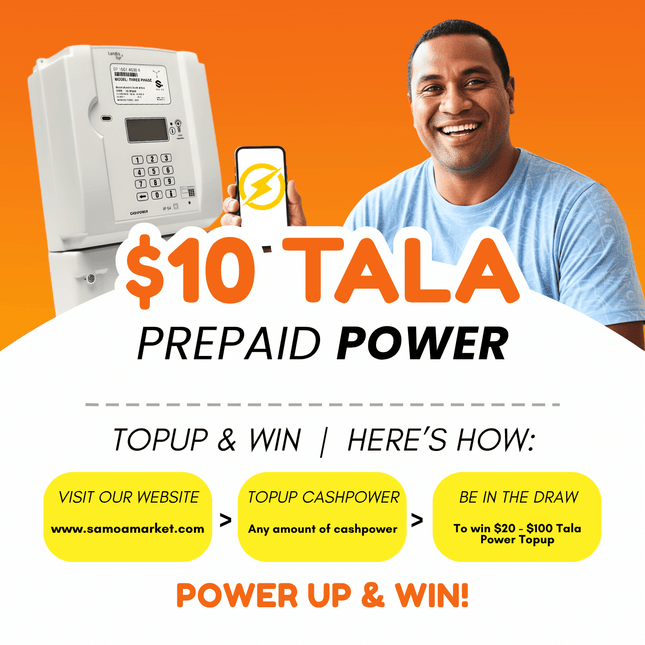 Prepaid Power Voucher - $10 Tala - Must provide Meter Number + Reg. Name to avoid delays (Supplied by Samoamarket.com, Mon-Fri 8am-4.30pm, Sat 8am-12pm (Closed Sundays & Public Holidays)