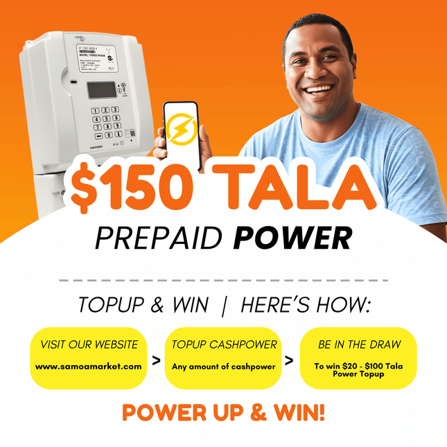 Prepaid Power Voucher - $150 Tala - Must provide Meter Number + Reg. Name to avoid delays (Supplied by Samoamarket.com, Mon-Fri 8am-4.30pm, Sat 8am-12pm (Closed Sundays & Public Holidays)