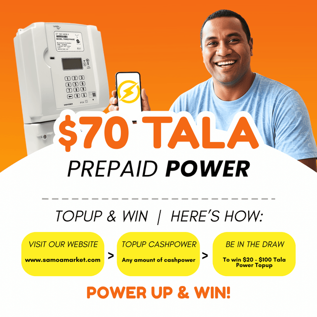 Prepaid Power Voucher - $70 Tala - Must provide Meter Number + Reg. Name to avoid delays (Supplied by Samoamarket.com, Mon-Fri 8am-4.30pm, Sat 8am-12pm (Closed Sundays & Public Holidays)