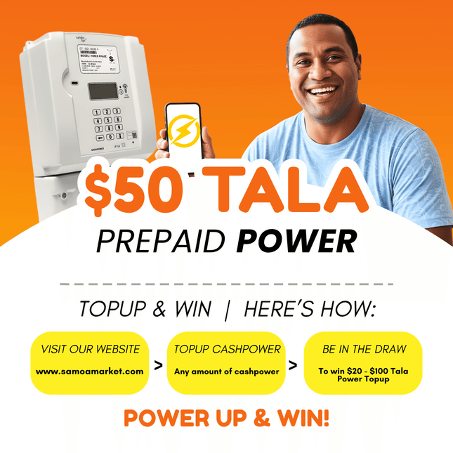 Prepaid Power Voucher - $50 Tala - Must provide Meter Number + Reg. Name to avoid delays (Supplied by Samoamarket.com, Mon-Fri 8am-4.30pm, Sat 8am-12pm (Closed Sundays & Public Holidays)