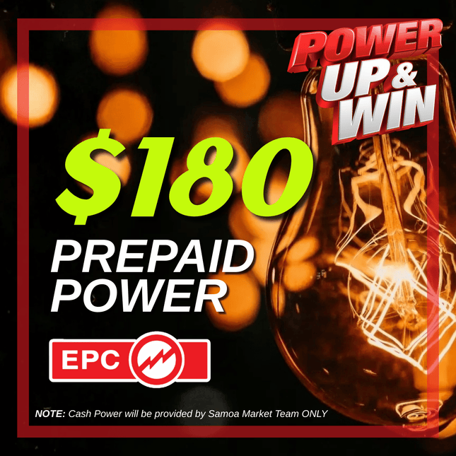 Prepaid Power Voucher - $180 Tala - Must provide Meter Number + Reg. Name to avoid delays (Supplied by Samoamarket.com, Mon-Fri 8am-4.30pm, Sat 8am-12pm (Closed Sundays & Public Holidays)