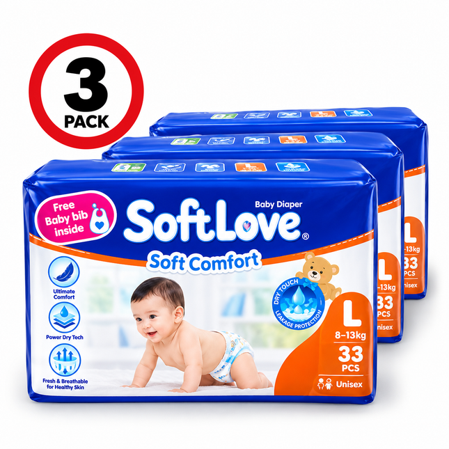 Softlove S/Comfort Diaper Nappies Large 33pcs x 3PACK "PICKUP FROM AH LIKI WHOLESALE"