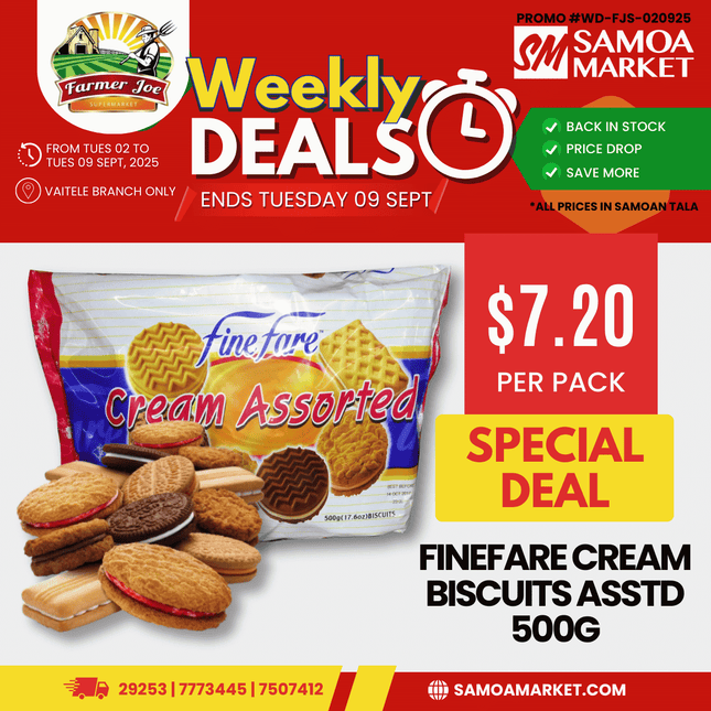 Finefare Cream Biscuits Asstd 500G "PICKUP FROM FARMER JOE SUPERMARKET VAITELE ONLY"