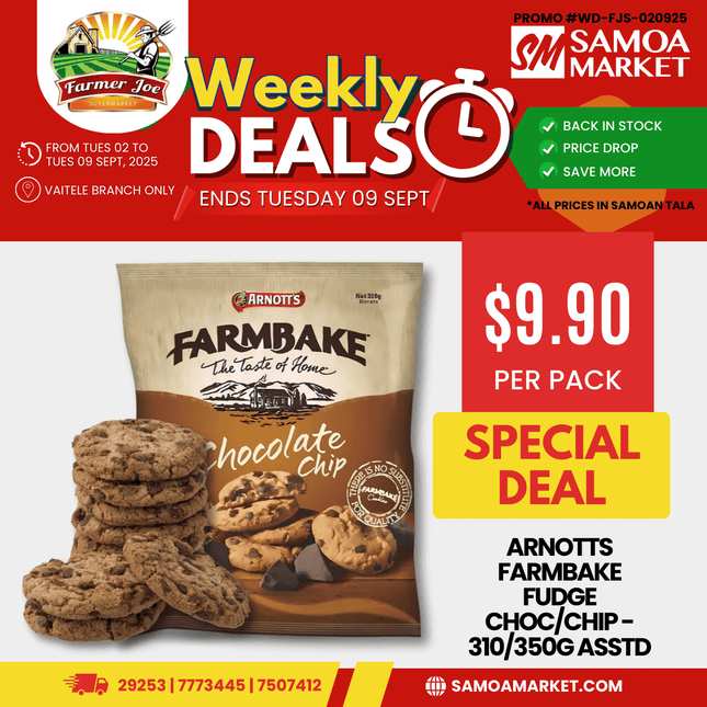 Arnotts Farmbake Fudge Choc/chip - 310/350g Asstd "PICKUP FROM FARMER JOE SUPERMARKET VAITELE ONLY"