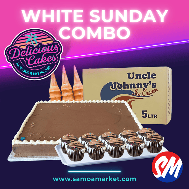 White Sunday Combo - 1 x Half Sheet Cake with Writing, 1 x Tray of Cupcakes (10pcs), 1 x 5L Ice cream, 1 x Packet of Cones "PICK UP FROM DELICIOUS CAKES, LEPEA"