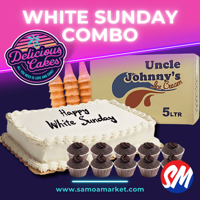 White Sunday Combo - 1 x Half Sheet Cake with Writing, 1 x Tray of Cupcakes (10pcs), 1 x 5L Ice cream, 1 x Packet of Cones "PICK UP FROM DELICIOUS CAKES, LEPEA"