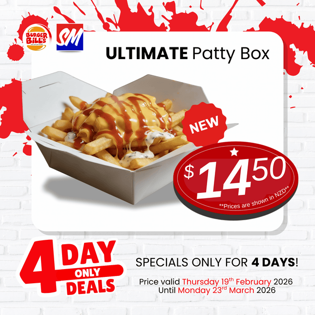 4 DAY ONLY DEAL! NEW Ultimate Patty Box "PICKUP FROM BURGER BILLS VAITELE ONLY"