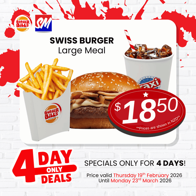 4 DAY ONLY DEAL! Swiss Mushroom Burger Large Meal "PICKUP FROM BURGER BILLS VAITELE ONLY"