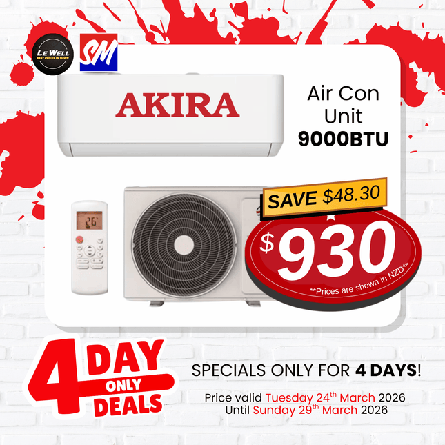 4 DAY ONLY DEAL! Akira Air Con Unit 9000BTU (PICK UP FROM LE WELL COMPANY SAVALALO ONLY)