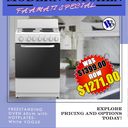 FAAMATI SPECIAL  - Freestanding Oven 60cm with Hot Plates ( White Vogue) "PICKUP FROM BLUEBIRD LUMBER & HARDWARE"