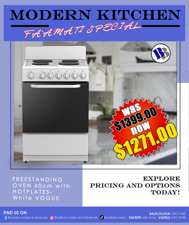 FAAMATI SPECIAL  - Freestanding Oven 60cm with Hot Plates ( White Vogue) "PICKUP FROM BLUEBIRD LUMBER & HARDWARE"