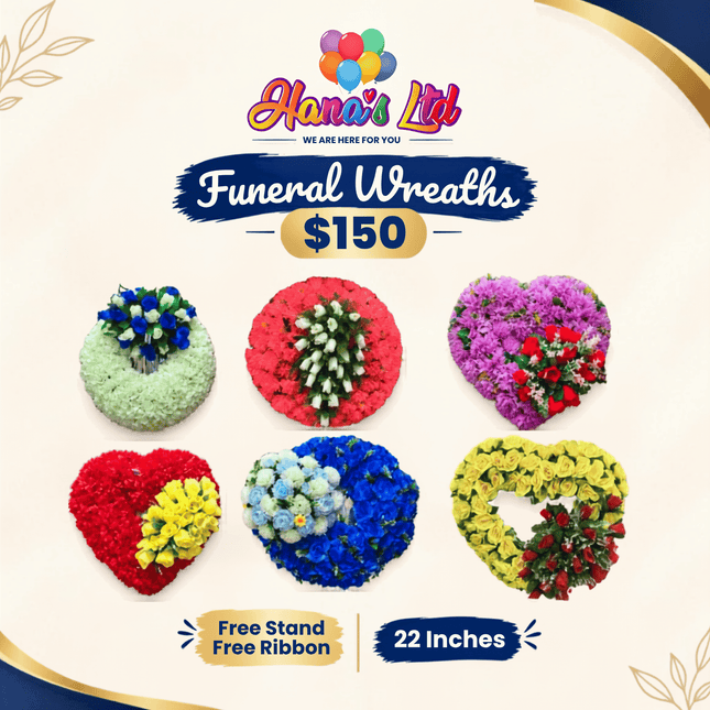 Funeral Wreath: 22 inch (FREE STAND / FREE RIBBON) "PICK UP AT HANA'S LIMITED TAUFUSI"