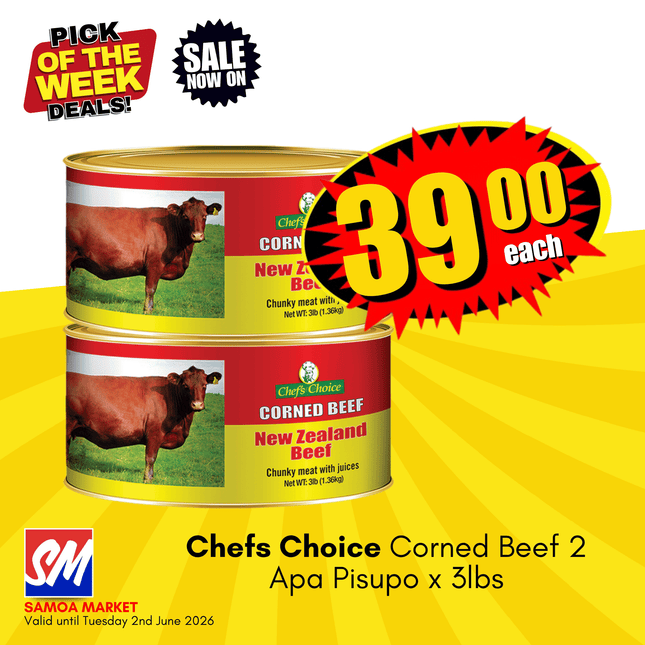 Chefs Choice Corned Beef 2 Apa Pisupo x 3lbs (1.36KG) "PICKUP FROM AH LIKI WHOLESALE"