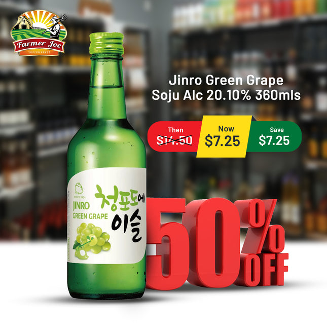 Jinro Green Grape Soju Alc 20.10% 360mls "PICKUP FROM FARMER JOE SUPERMARKET UPOLU ONLY"