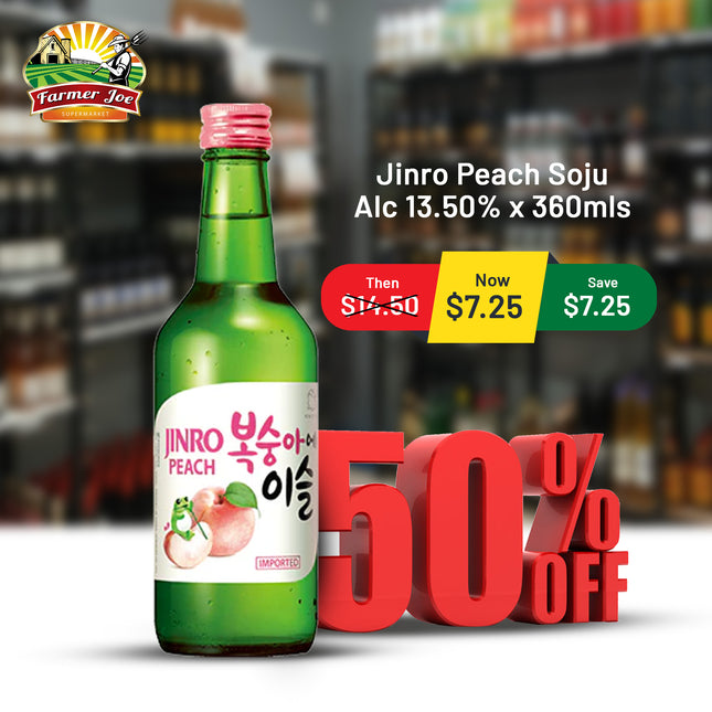 Jinro Peach Soju Alc 13.50% x 360mls "PICKUP FROM FARMER JOE SUPERMARKET UPOLU ONLY"