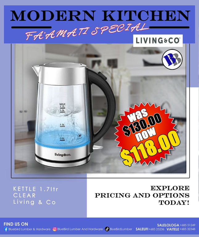 FAAMATI SPECIAL -  Kettle 1.7Ltr Clear  "PICKUP FROM BLUEBIRD LUMBER & HARDWARE"