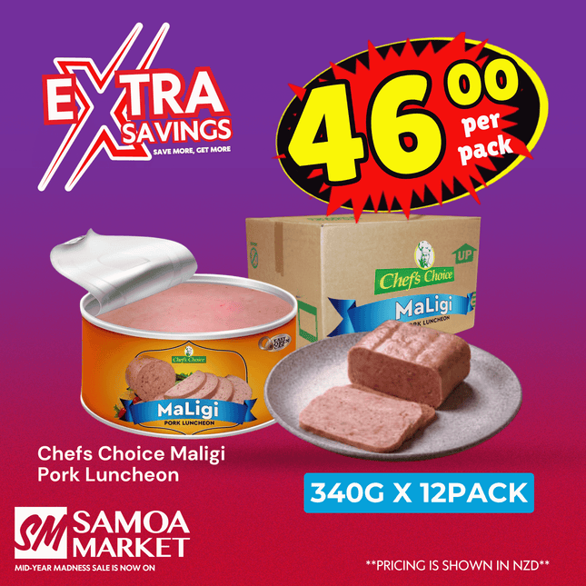 EXTRA SAVE! Chefs Choice Maligi Pork Luncheon 340g x 12PACK "PICKUP FROM AH LIKI WHOLESALE"
