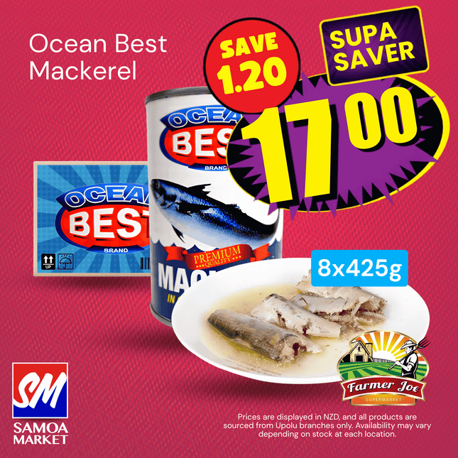 SUPASAVER! Ocean Best Mackerel 8x425g "PICKUP FROM FARMER JOE SUPERMARKET VAITELE ONLY"