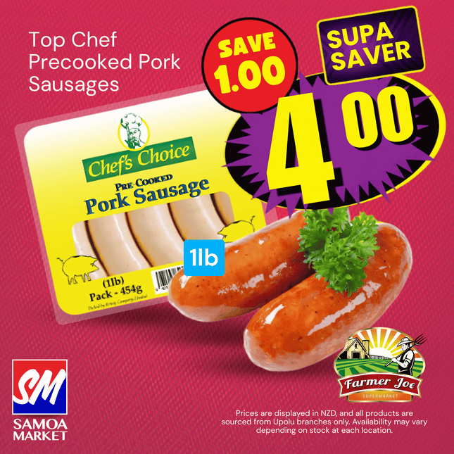 SUPASAVER! Top Chef Precooked Pork Sausages 1lb  "PICKUP FROM FARMER JOE SUPERMARKET VAITELE ONLY"
