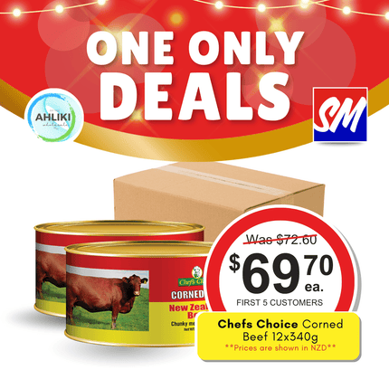ONE ONLY DEALS! Chefs Choice Corned Beef 12 Apa Pisupo x 340g (12oz) "PICKUP FROM AH LIKI WHOLESALE"