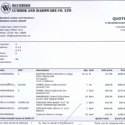 PAYMENT LINK for Quotation #0010250131649 "PICKUP FROM BLUEBIRD LUMBER & HARDWARE"