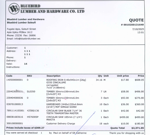PAYMENT LINK for Quotation #0010250131649 "PICKUP FROM BLUEBIRD LUMBER & HARDWARE"