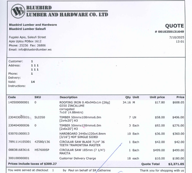 PAYMENT LINK for Quotation #0010250131649 "PICKUP FROM BLUEBIRD LUMBER & HARDWARE"
