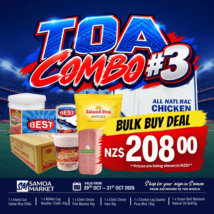 TOA COMBO #3 [1 x Island Sun Yellow 20lbs, 1 x Chicken Leg Quarter Pusa Moa 15kg, 1 x Miliket Cup Noodles 12x60-65g, 1 x Chefs Choice Povi Masima 4kg, 1 x Chefs Choice Ham 4kg, 1 x Ocean Best Mackerel Natural Oil 8x425g]