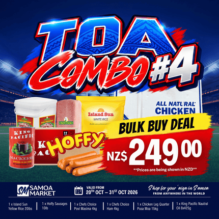 TOA COMBO #4 [1 x Chicken Leg Quarter Pusa Moa 15kg, 1 x Hoffy Sausages 10lb, 1 x Chefs Choice Povi Masima, 1 x Island Sun Yellow 20lbs, 1 x Chefs Choice Ham 4kg, 1 x King Pacific Nautral Oil 8x425g]