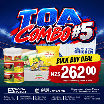 TOA COMBO #5 [1 x Island Sun Yellow 20lbs, 1 x Chicken Leg Quarter Pusa Moa 15kg, 1 x Chefs Choice Povi Masima 4kg, 1 x Chefs Choice Precooked Sausages 12lb, 1 x Chefs Choice Corned Beef 2x3lbs, 1 x Chefs Choice Tuna Oil 12x185g]