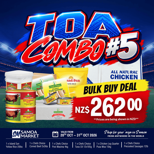TOA COMBO #5 [1 x Island Sun Yellow 20lbs, 1 x Chicken Leg Quarter Pusa Moa 15kg, 1 x Chefs Choice Povi Masima 4kg, 1 x Chefs Choice Precooked Sausages 12lb, 1 x Chefs Choice Corned Beef 2x3lbs, 1 x Chefs Choice Tuna Oil 12x185g]