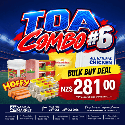 TOA COMBO #6 [1 x Island Sun Yellow 20lbs, 1 x Chefs Choice Povi Masima 4kg, 1 x Chicken Leg Quarter 15kg, 1 x Hoffy Chicken Franks 10lb, 1 x Chefs Choice Ham 2kg, 1 x Tanumapua Fresh Eggs 5Pack, 1 x Chefs Choice Corned Beef 2x3lbs]