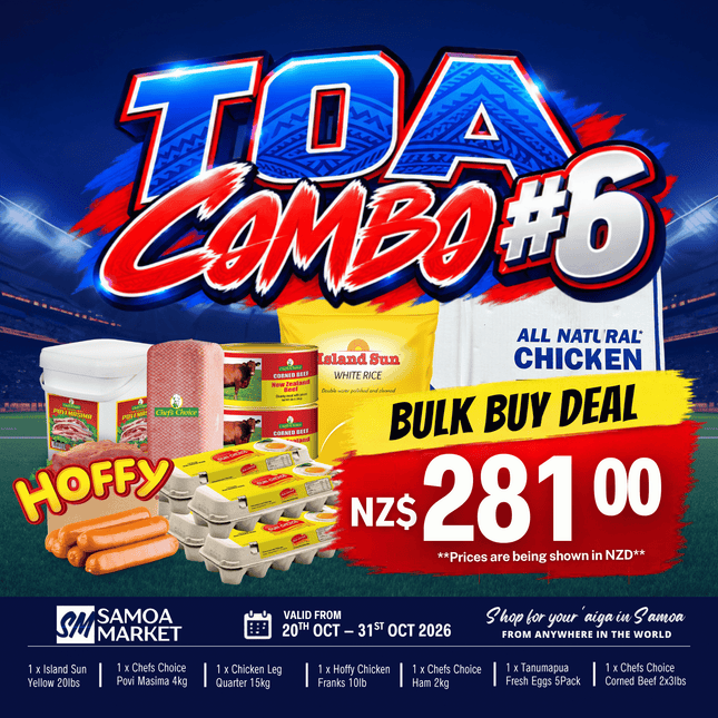 TOA COMBO #6 [1 x Island Sun Yellow 20lbs, 1 x Chefs Choice Povi Masima 4kg, 1 x Chicken Leg Quarter 15kg, 1 x Hoffy Chicken Franks 10lb, 1 x Chefs Choice Ham 2kg, 1 x Tanumapua Fresh Eggs 5Pack, 1 x Chefs Choice Corned Beef 2x3lbs]