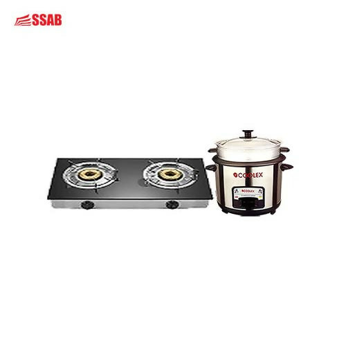 COOLEX 2 BURNER GAS STOVE GLASS/RICE COOKER 1.8L/10CUP WITH STEAMER