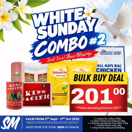 WHITE SUNDAY COMBO #2 [2 x Island Sun Yellow 20lbs, 1 x Chefs Choice Povi Masima 4kg, 1 x Chicken Leg Quarter Pusa Moa 15kg, 1 x Chefs Choice Ham 2kg, 1 x King Pacific Natural Oil 8x425g]