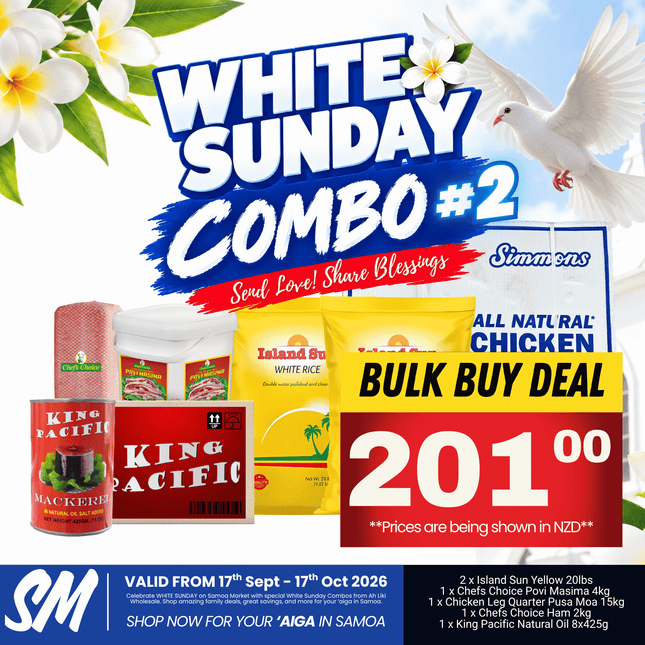 WHITE SUNDAY COMBO #2 [2 x Island Sun Yellow 20lbs, 1 x Chefs Choice Povi Masima 4kg, 1 x Chicken Leg Quarter Pusa Moa 15kg, 1 x Chefs Choice Ham 2kg, 1 x King Pacific Natural Oil 8x425g]