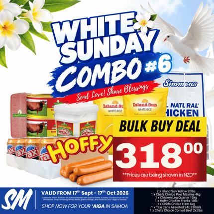 WHITE SUNDAY COMBO #6 [2 x Island Sun Yellow 20lbs, 1 x Chefs Choice Povi Masima 4kg, 1 x Chicken Leg Quarter 15kg, 1 x Hoffy Chicken Franks 10lb, 1 x Chefs Choice Ham 4kg, 1 x Taxi Cans Assorted 24x 330mls, 1 x Chefs Choice Corned Beef 2x3lbs]