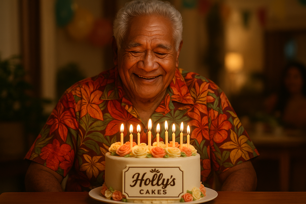 a samoan grandfather receiving his birthday cake. put a logo on the image for Hollys Cakes which is who the cake was from
