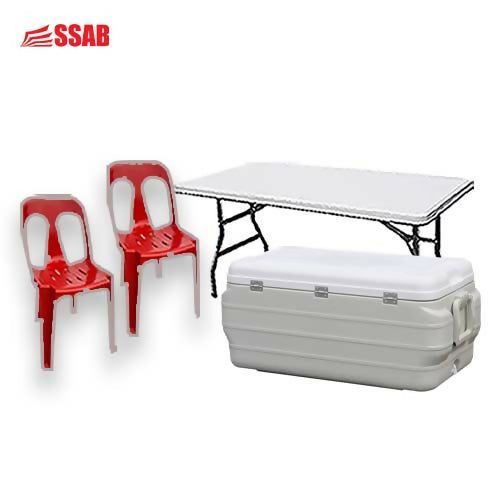 2X PIPEE CHAIRS ASSORTED COLORS/1X FOLDING TABLE/REGULAR 6FT 1LARGE COOLER 180L