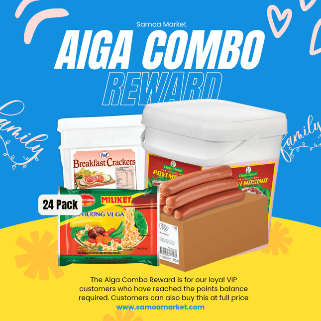 Aiga Combo [Miliket 24PK x 1, FMF 5kg x 1, Hoffy 10x1Lb, Povi Masima 4kg x 1] Substitute if items are not available "PICKUP FROM AH LIKI WHOLESALE" - Samoamarket.com