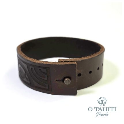 BRACELET DARK BROWN LEATHER WRAP WITH TAHITIAN PATTERNS - Samoamarket.com