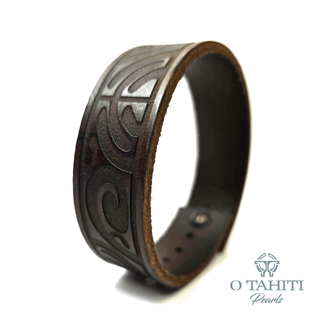 BRACELET DARK BROWN LEATHER WRAP WITH TAHITIAN PATTERNS - Samoamarket.com