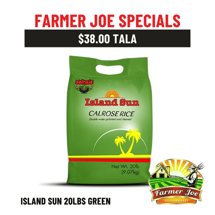 Island Sun Rice 20lb Green "PICKUP FROM FARMER JOE SUPERMARKET UPOLU ONLY" - Samoamarket.com
