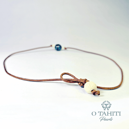 NECKLACE TAN LEATHER WITH POVI BONES AND A PEARL - Samoamarket.com