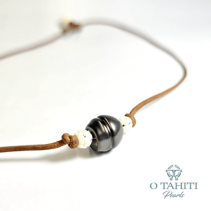 NECKLACE TAN LEATHER WITH POVI BONES AND A PEARL - Samoamarket.com