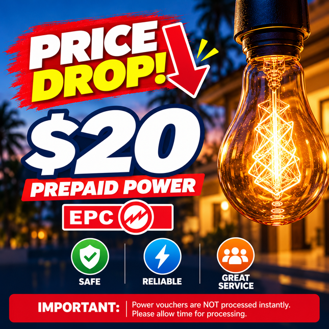 Prepaid Power Voucher - $20 Tala - Must provide Meter Number + Reg. Name to avoid delays (Supplied by Samoamarket.com, Mon-Fri 8am-4.30pm, Sat 8am-12pm (Closed Sundays & Public Holidays)