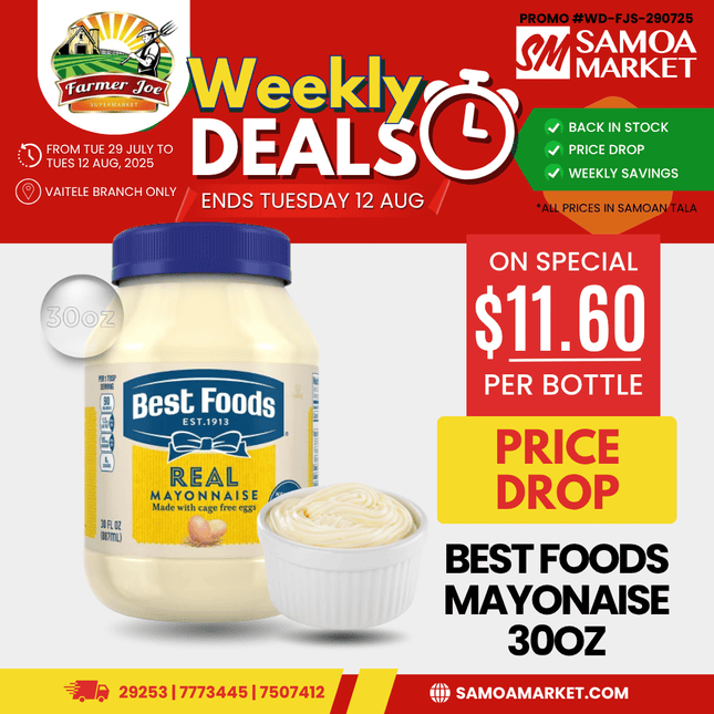 Best Foods Mayonnaise 30oz "PICKUP FROM FARMER JOE SUPERMARKET VAITELE ONLY"